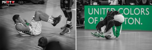 Player and mascot GONY with similar gestures ... @ Basket Fribourg Olympic