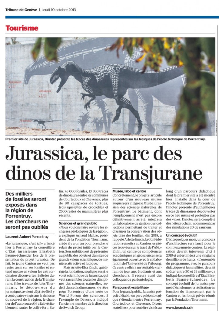Publication dans La Tribune de Genève,  JURASSICA Press Conference, Porrentruy